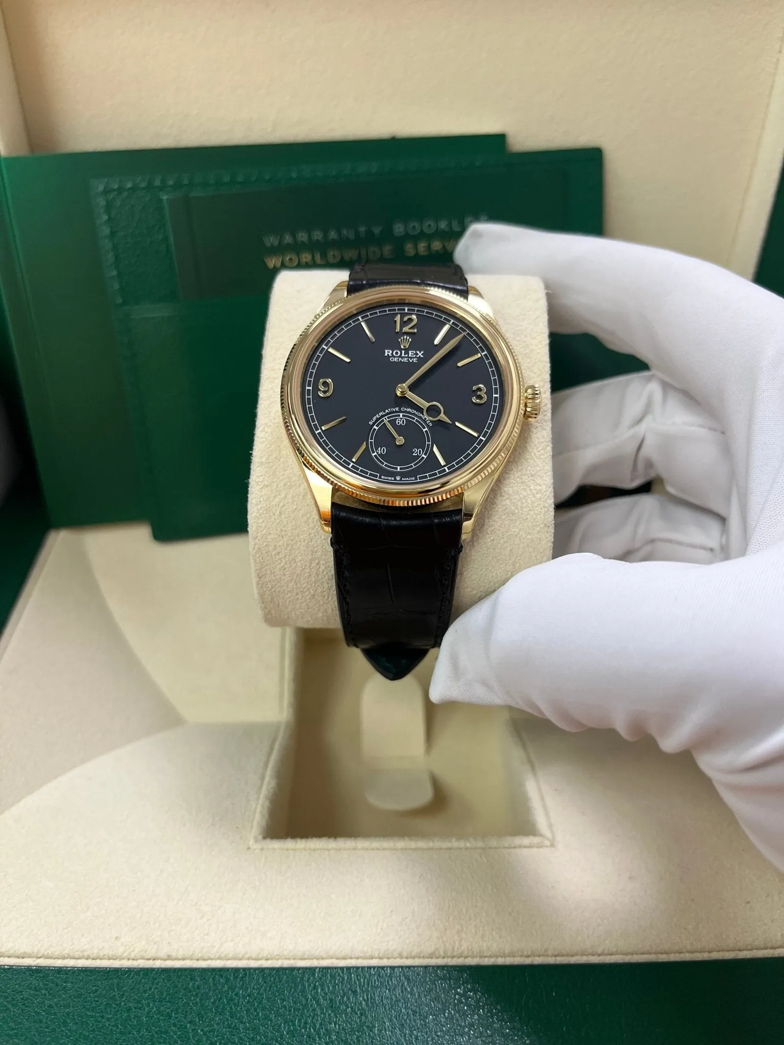 Rolex 1908 39mm Black Dial Leather Strap 52508