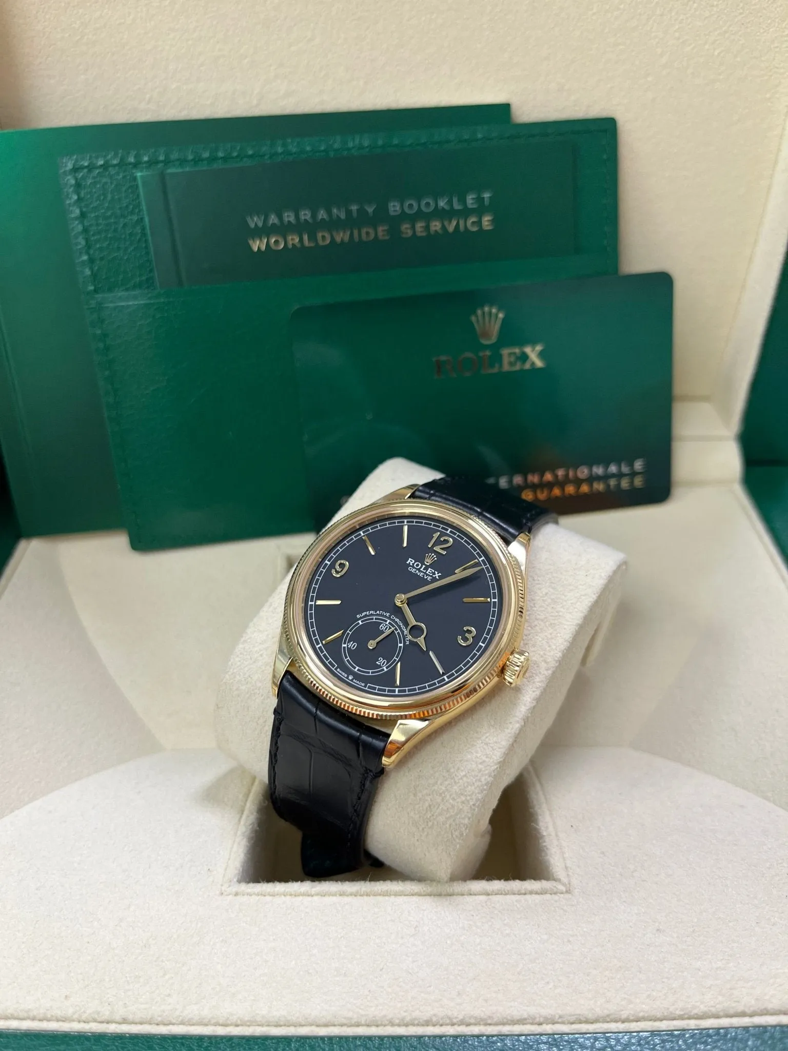 Rolex 1908 39mm Black Dial Leather Strap 52508