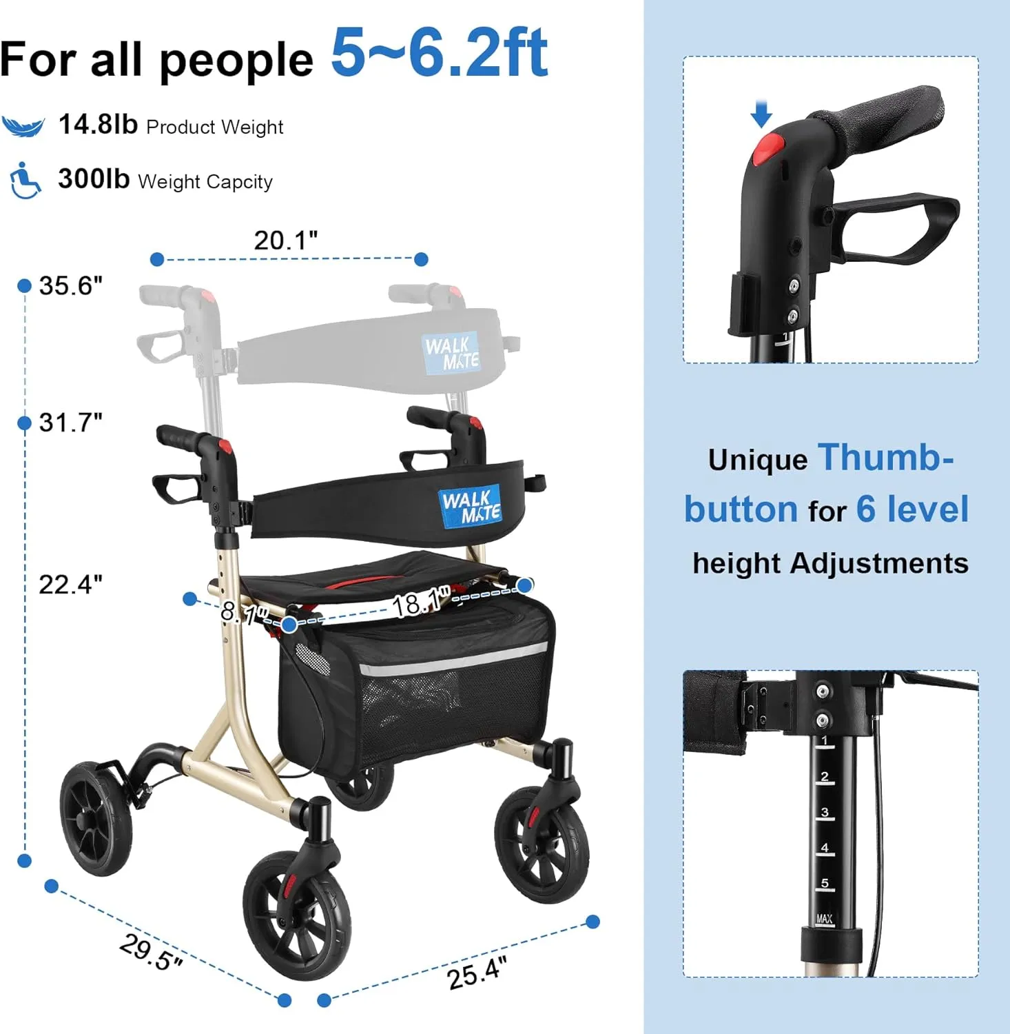 Rollator Walker for Seniors with Cup Holder, Upgraded Thumb Press Button for Height Adjustment, 4 x 8 Wheels Walker with Seat Padded Backrest Folding Lightweight Walking Aid, Gold