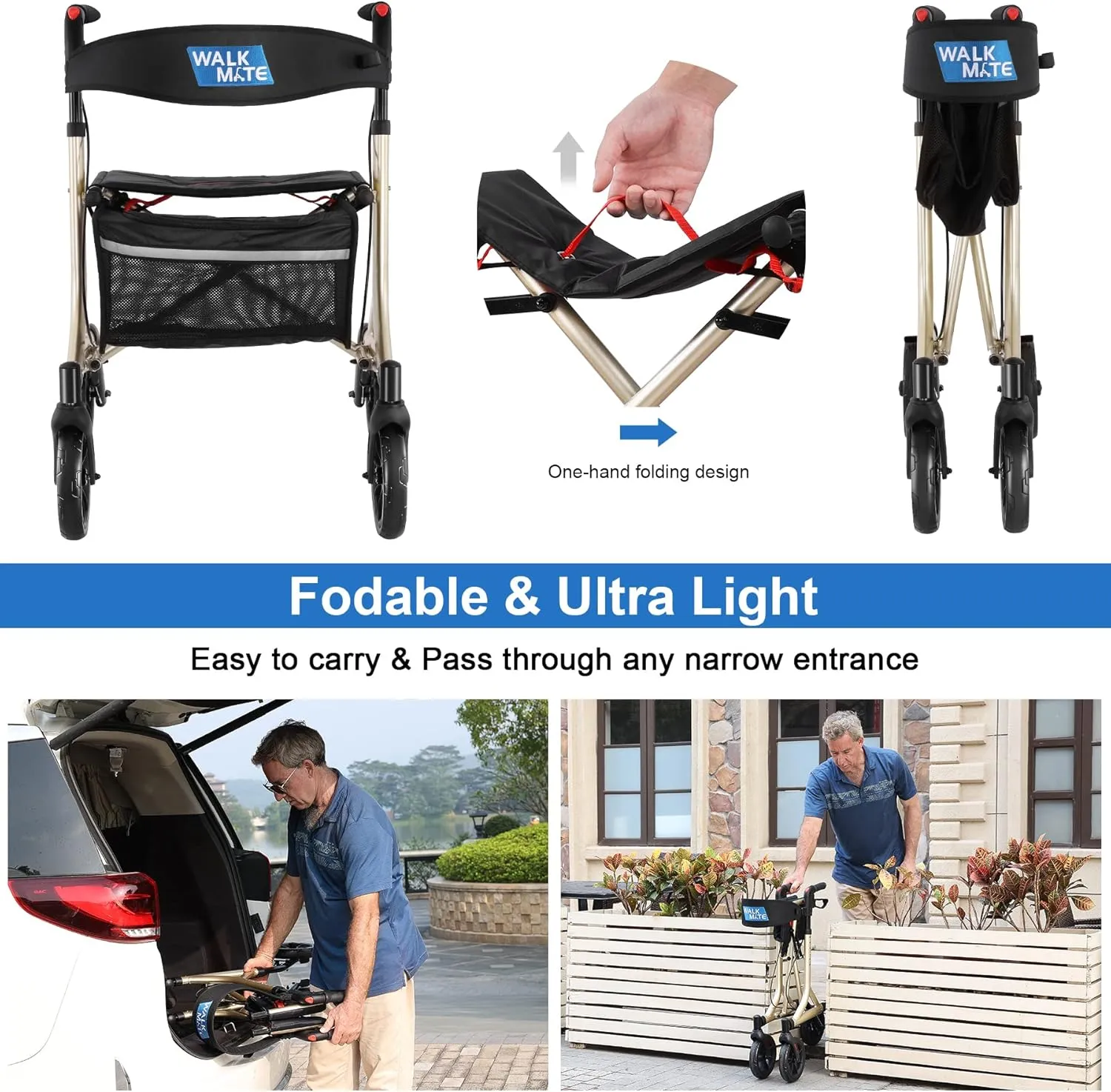 Rollator Walker for Seniors with Cup Holder, Upgraded Thumb Press Button for Height Adjustment, 4 x 8 Wheels Walker with Seat Padded Backrest Folding Lightweight Walking Aid, Gold