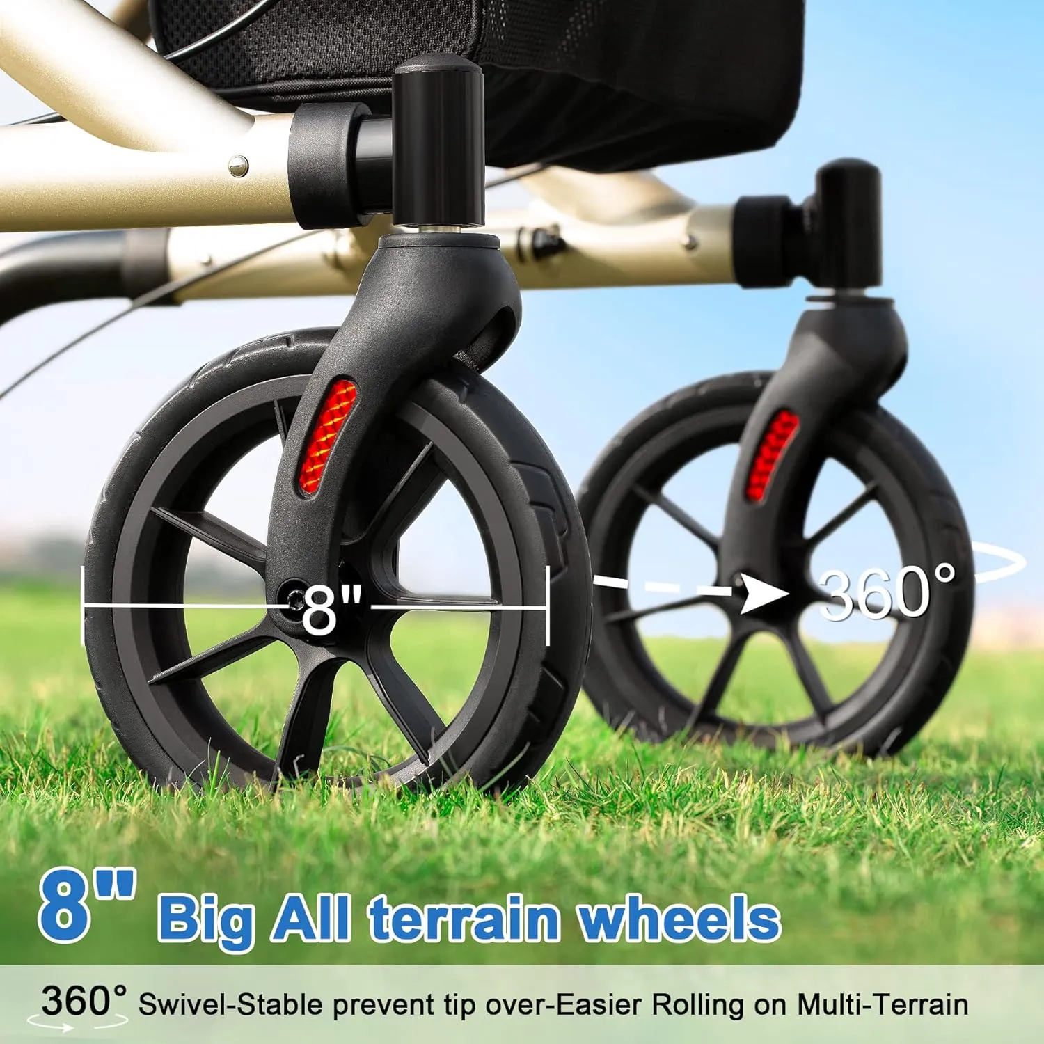Rollator Walker for Seniors with Cup Holder, Upgraded Thumb Press Button for Height Adjustment, 4 x 8 Wheels Walker with Seat Padded Backrest Folding Lightweight Walking Aid, Gold