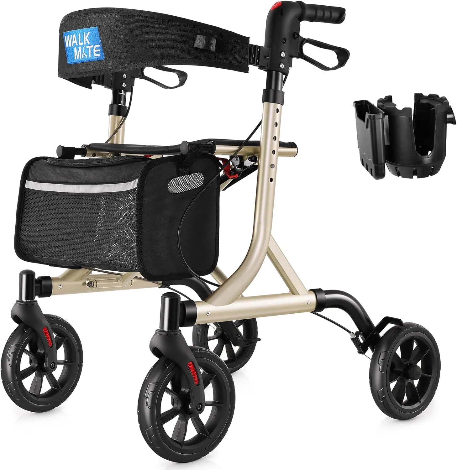 Rollator Walker for Seniors with Cup Holder, Upgraded Thumb Press Button for Height Adjustment, 4 x 8 Wheels Walker with Seat Padded Backrest Folding Lightweight Walking Aid, Gold