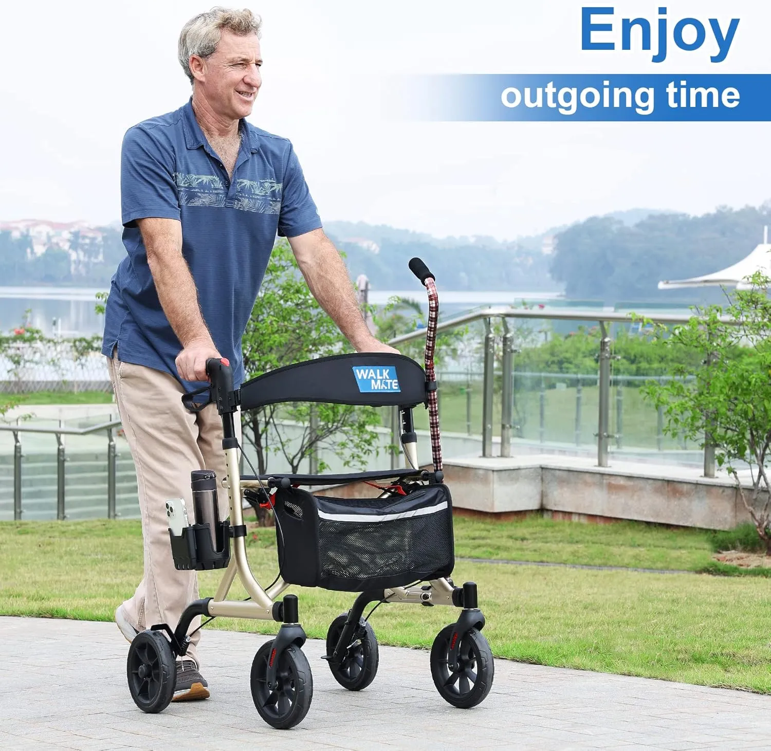 Rollator Walker for Seniors with Cup Holder, Upgraded Thumb Press Button for Height Adjustment, 4 x 8 Wheels Walker with Seat Padded Backrest Folding Lightweight Walking Aid, Gold