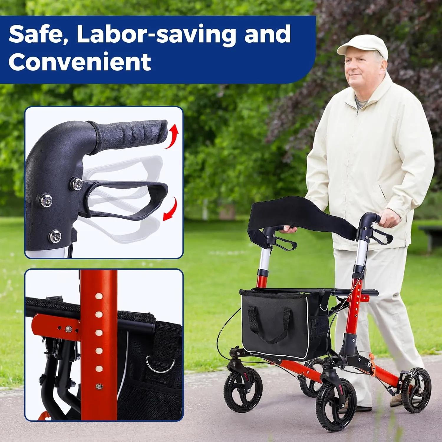 Rollator Walker with Seat, Rollator Walker for Seniors Lightweight Foldable Drive Walkers with Seat & 8'' Wheels, Aluminum Frame (Red)