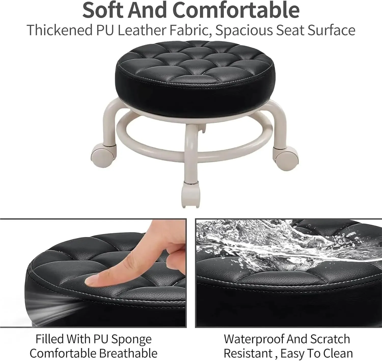Roller Seats Rotating Low Stool with Wheels PU Leather Low Stool for Home Low Stool Sofa Stool for Nail Salon(Khaki)