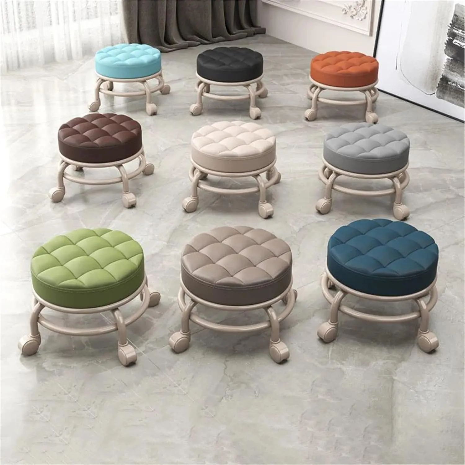 Roller Seats Rotating Low Stool with Wheels PU Leather Low Stool for Home Low Stool Sofa Stool for Nail Salon(Khaki)