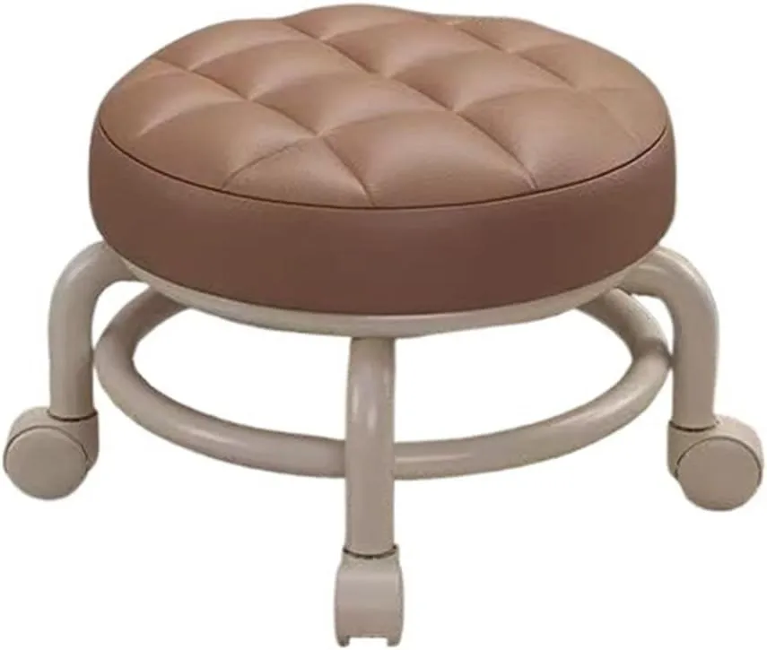 Roller Seats Rotating Low Stool with Wheels PU Leather Low Stool for Home Low Stool Sofa Stool for Nail Salon(Khaki)