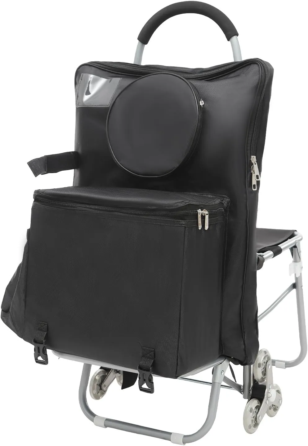 Rolling Art Cart, Folding Big Wheeled Portable Rolling Chair with Storage Bag & Seat, Mobile Folding Cart for Grocery Shopping, Mall Shopping (Black)