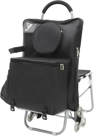 Rolling Art Cart, Folding Big Wheeled Portable Rolling Chair with Storage Bag & Seat, Mobile Folding Cart for Grocery Shopping, Mall Shopping (Black)