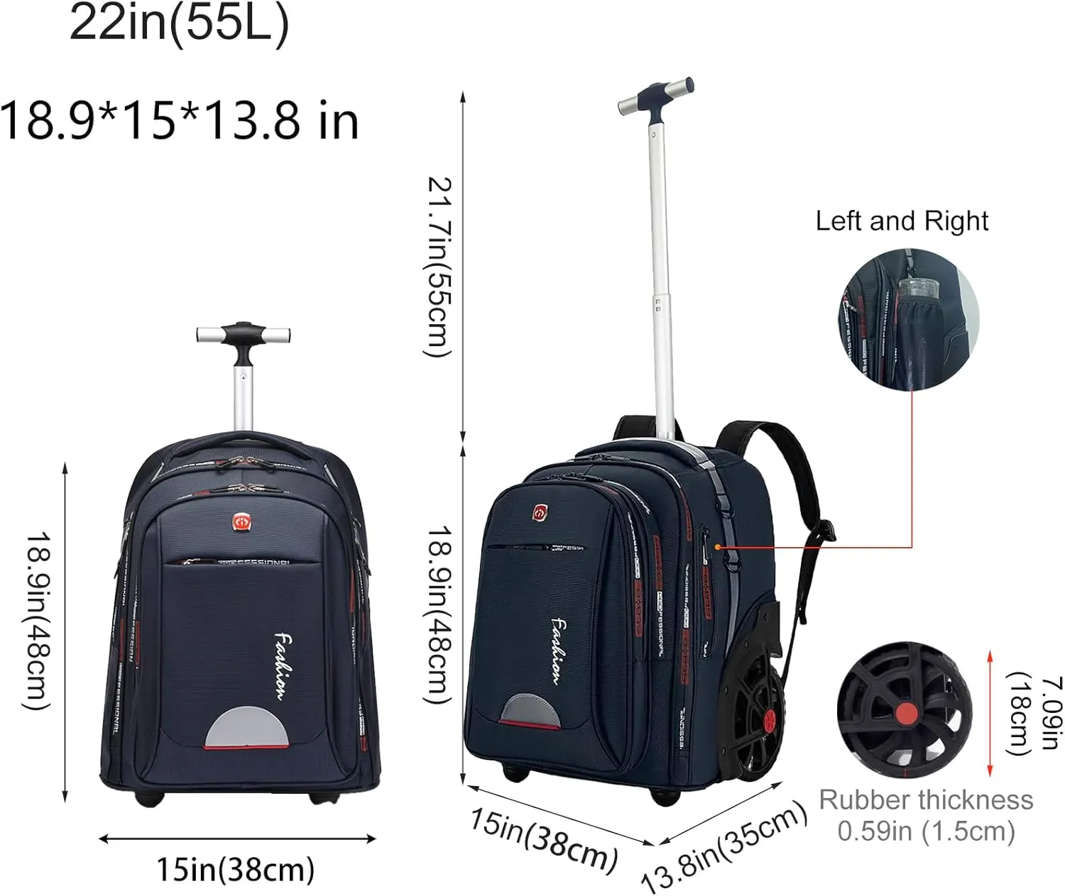 Rolling Backpack for Adults, 22 Inch Backpack with Wheels for Business, College Student and Travel Commuter, Waterproof Wheeled Backpack (blue)