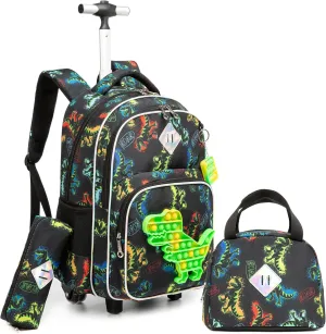 Rolling Backpack for Boys 8-12 with Lunch Box Dinosaur Kids Backpack with Wheels for Travel Boys Rolling Backpack for Kids Trolley School Bag with Wheels