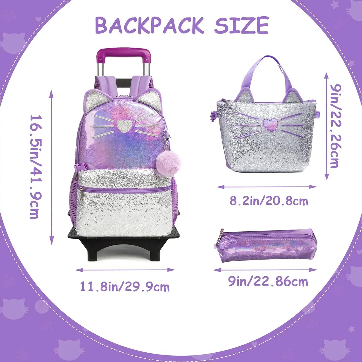 Rolling Backpack for Girls 6-8 with Lunch Bag Pencil Case Rolling Casual Cute Cat Backpacks with Wheels for Elementary Students
