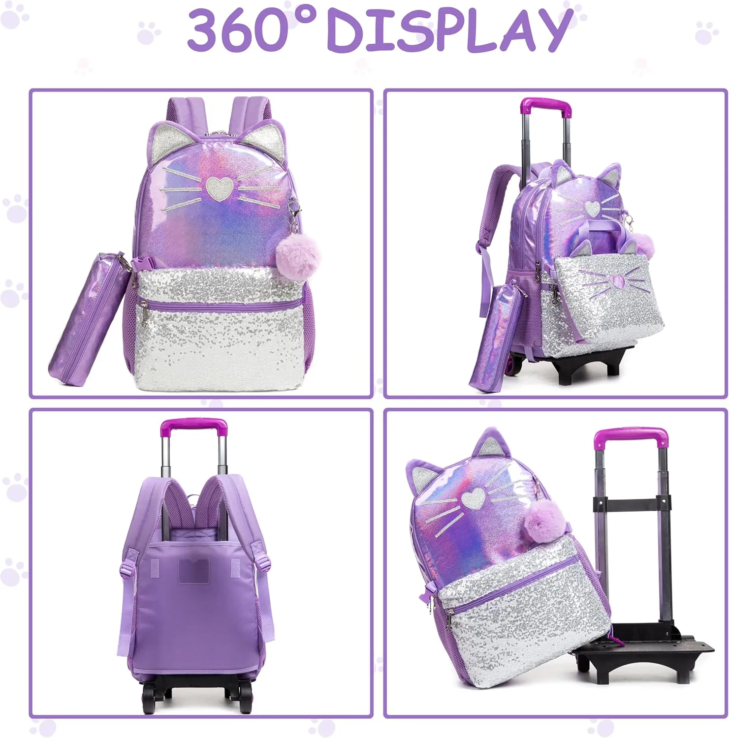 Rolling Backpack for Girls 6-8 with Lunch Bag Pencil Case Rolling Casual Cute Cat Backpacks with Wheels for Elementary Students
