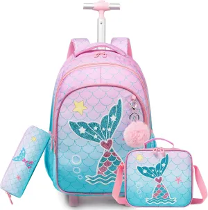 Rolling Backpack for Girls Kids Backpack with Wheels Travel Backpack for School Elementary Primary Students Kids Backpack with Lunch Box Pencil Case