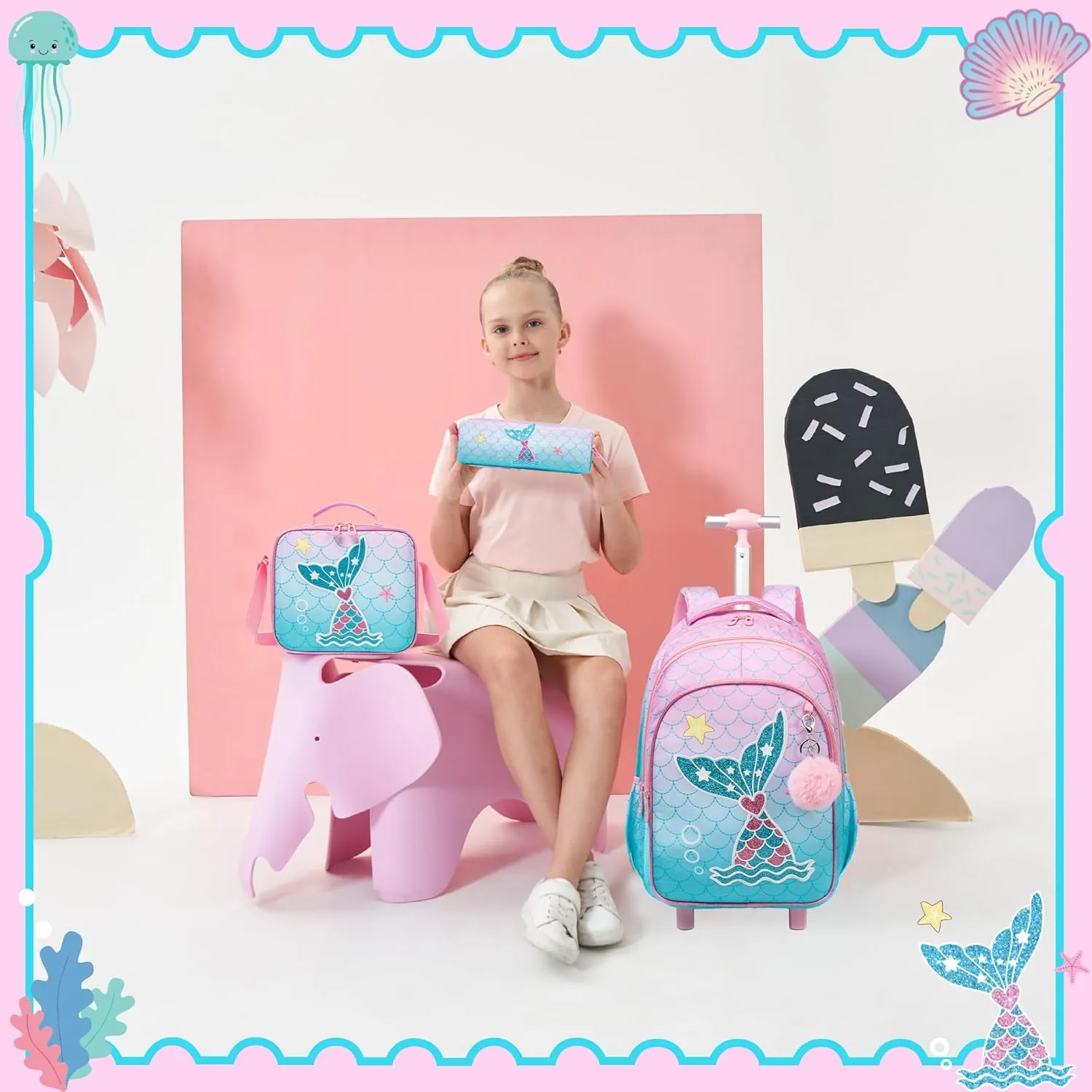 Rolling Backpack for Girls Kids Backpack with Wheels Travel Backpack for School Elementary Primary Students Kids Backpack with Lunch Box Pencil Case