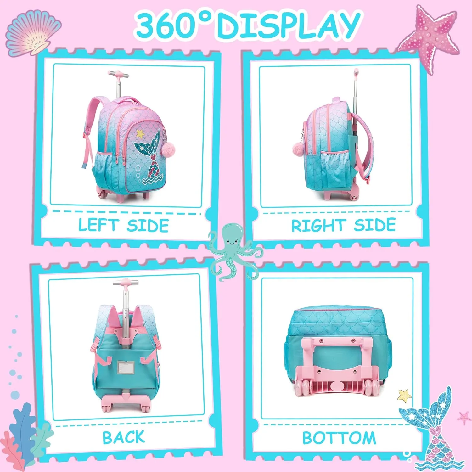 Rolling Backpack for Girls Kids Backpack with Wheels Travel Backpack for School Elementary Primary Students Kids Backpack with Lunch Box Pencil Case