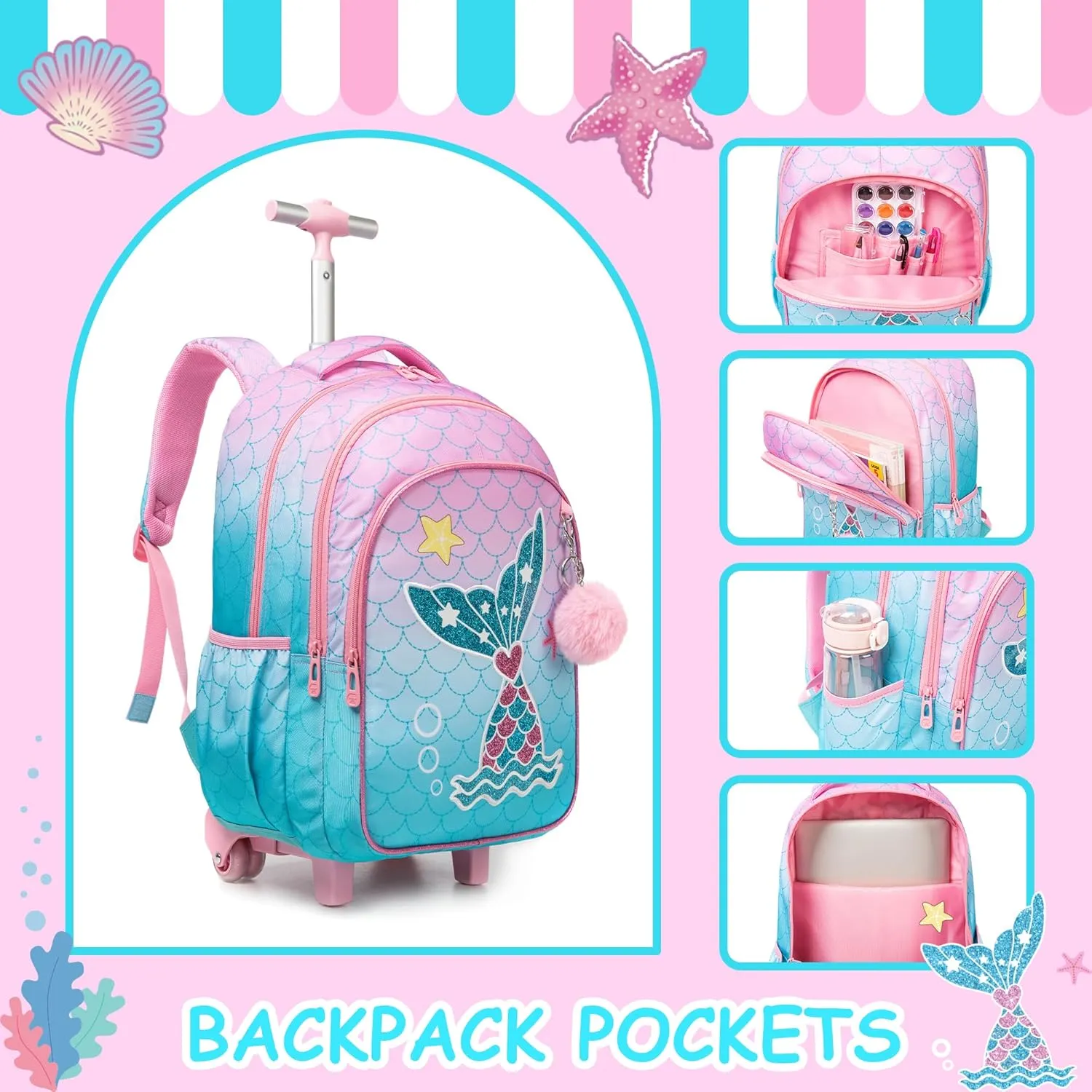 Rolling Backpack for Girls Kids Backpack with Wheels Travel Backpack for School Elementary Primary Students Kids Backpack with Lunch Box Pencil Case