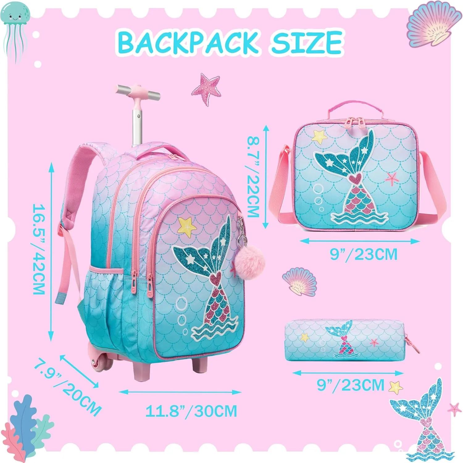 Rolling Backpack for Girls Kids Backpack with Wheels Travel Backpack for School Elementary Primary Students Kids Backpack with Lunch Box Pencil Case