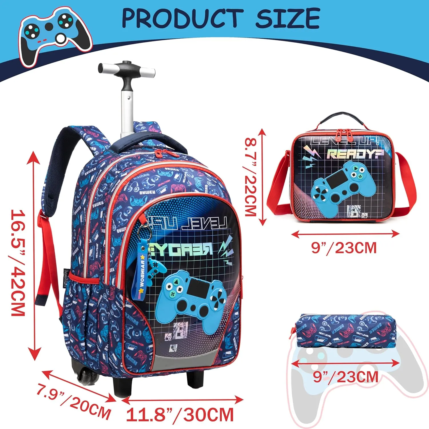 Rolling Backpack for School Backpack with Wheels Kids Backpack for Boys Primary School Daypack Elementary Students Backpacks for Kids with Lunch Box