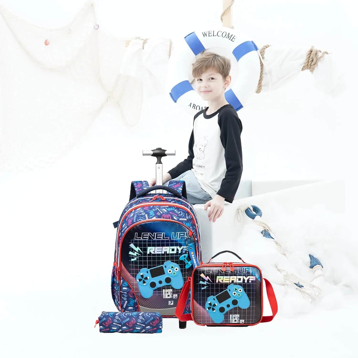Rolling Backpack for School Backpack with Wheels Kids Backpack for Boys Primary School Daypack Elementary Students Backpacks for Kids with Lunch Box