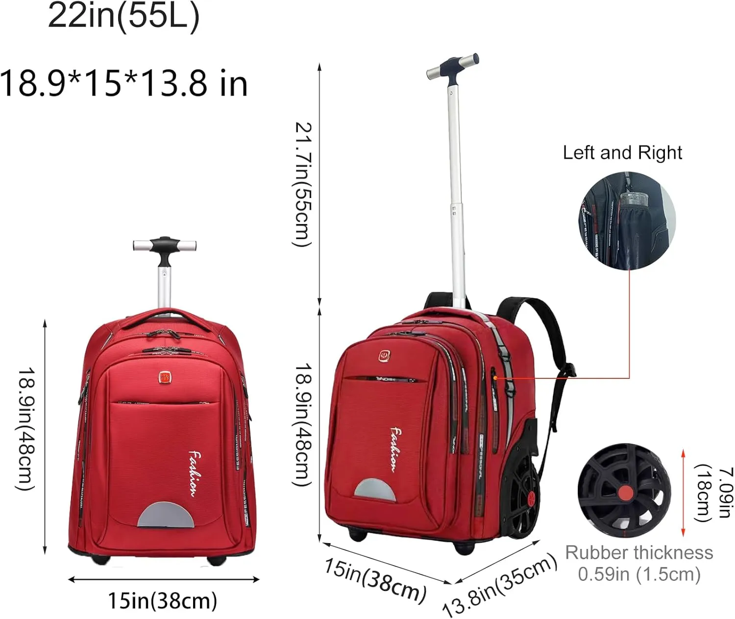 Rolling Backpack for Women, 22 Inch Backpack with Wheels for Business, College Student and Travel Commuter, Large Backpack on Wheels for Work (red)