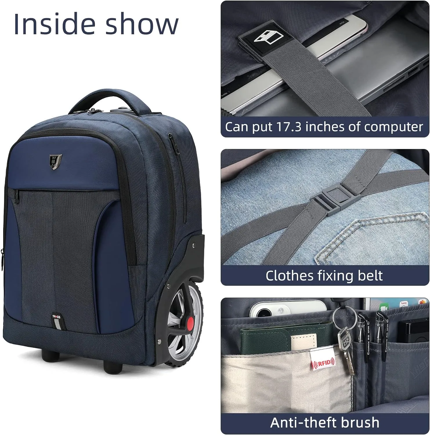 Rolling Backpack, Waterproof Backpack with Wheels for Business, Travel Commuter, Carry on Backpack with Laptop Compartment, Fit 15.6 Inch Laptop, Wheeled Backpack for Adults Women Men (Blue, 20inch)