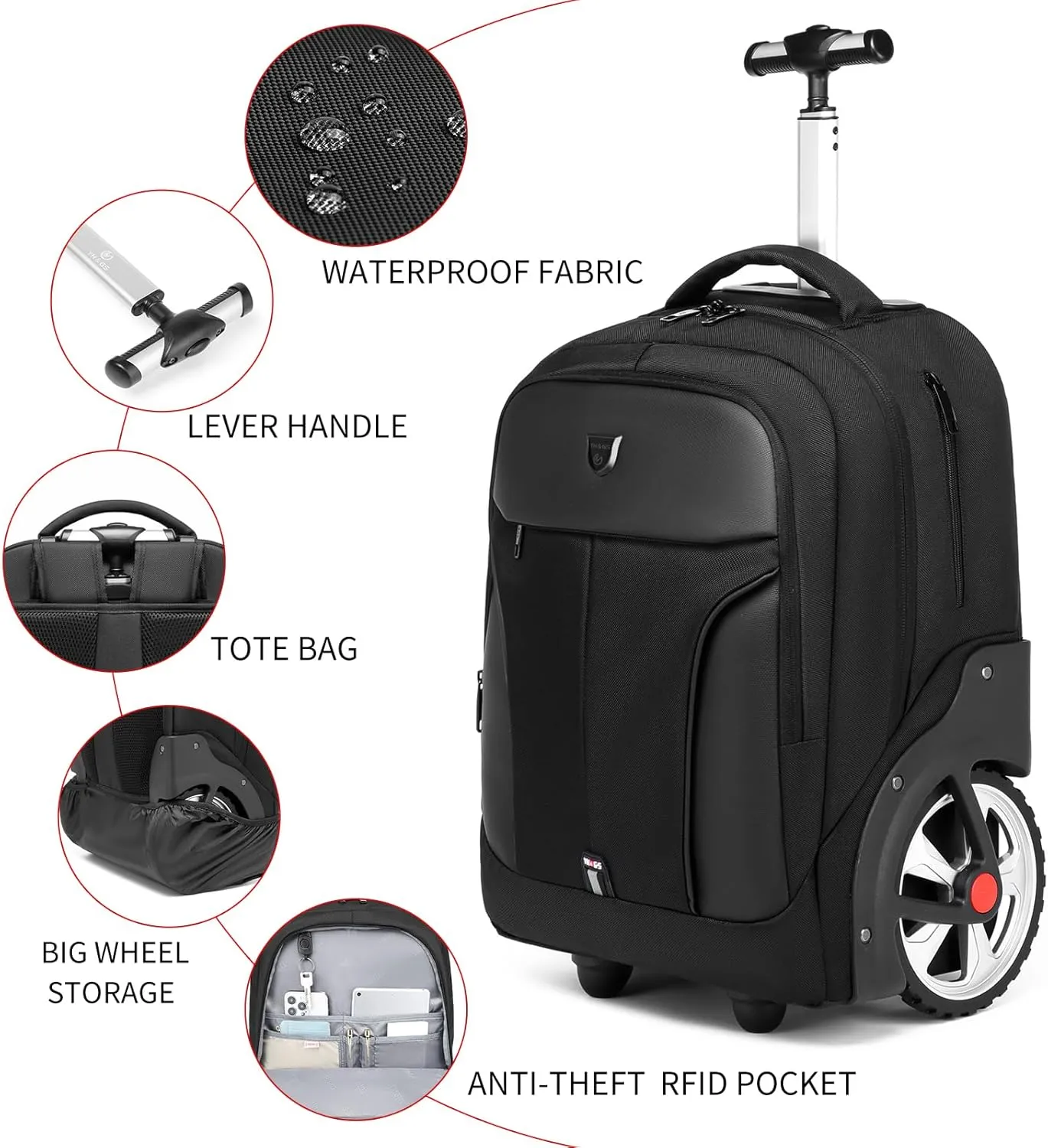 Rolling Backpack,Waterproof Backpack with Wheels for Business and Travel Commuter, Carry on Backpack with Laptop Compartment, Fit 17 Inch Laptop, Wheeled Backpack for Adults