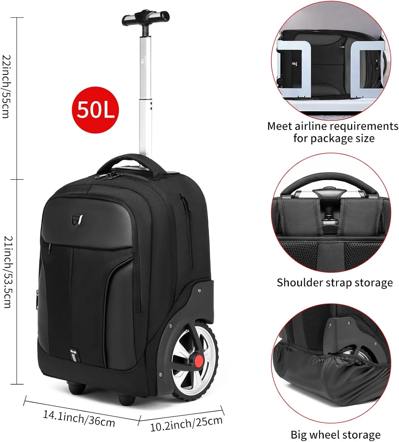 Rolling Backpack,Waterproof Backpack with Wheels for Business and Travel Commuter, Carry on Backpack with Laptop Compartment, Fit 17 Inch Laptop, Wheeled Backpack for Adults