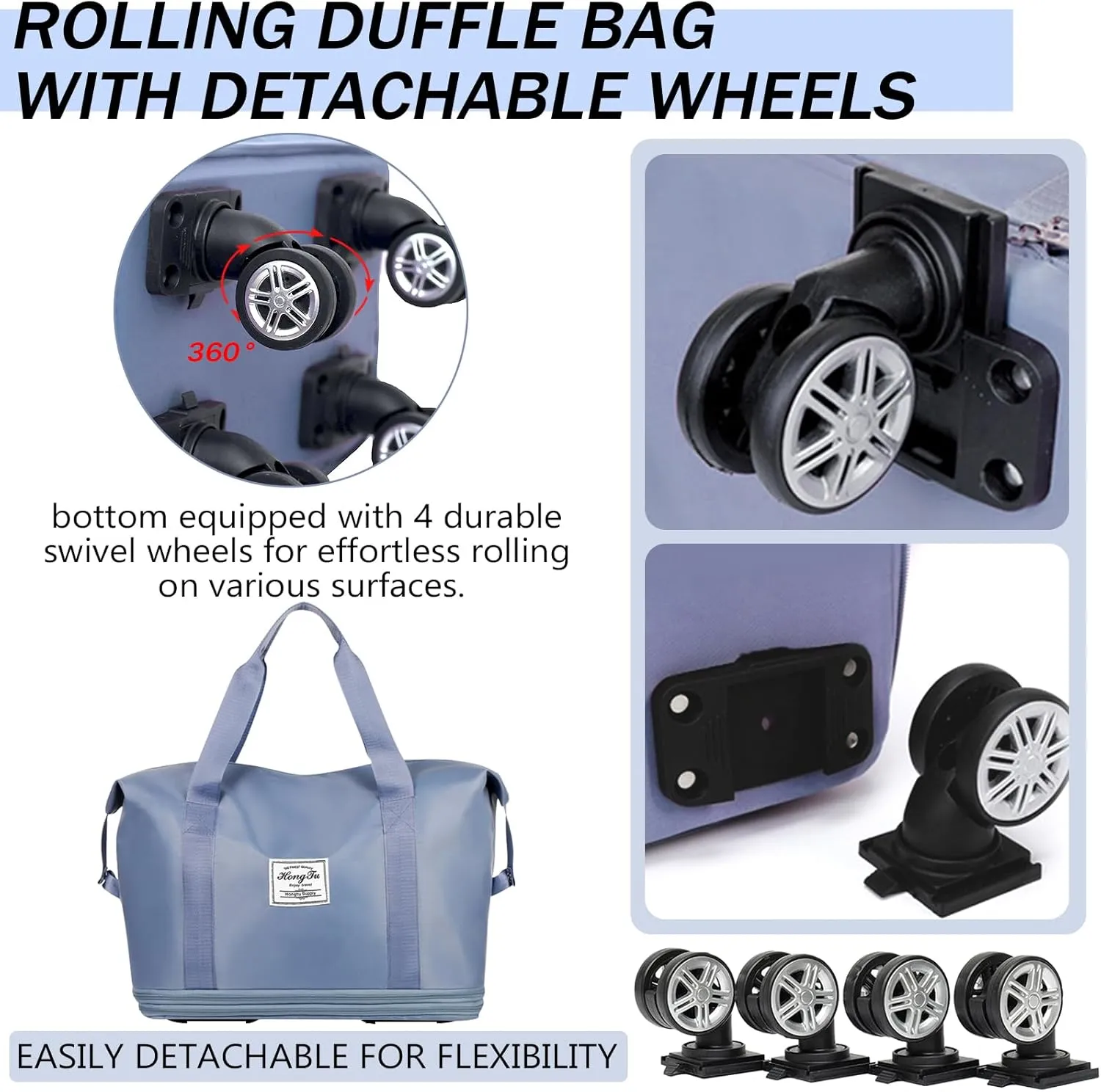 Rolling Duffle Bag with Detachable Wheels Expandable Foldable Duffle Bag for Travel Luggage bag Carry on Weekend Travel Bag (Blue)