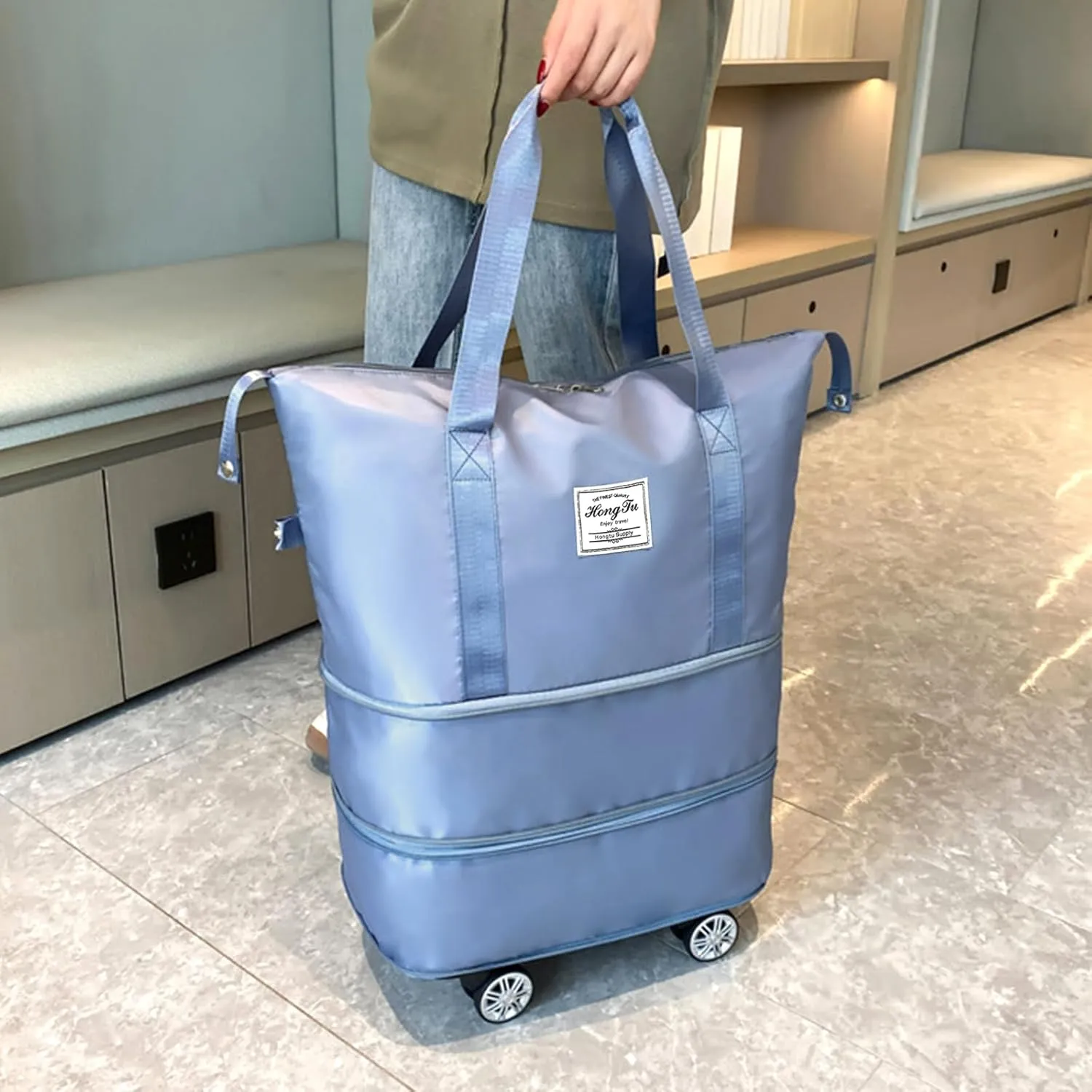 Rolling Duffle Bag with Detachable Wheels Expandable Foldable Duffle Bag for Travel Luggage bag Carry on Weekend Travel Bag (Blue)
