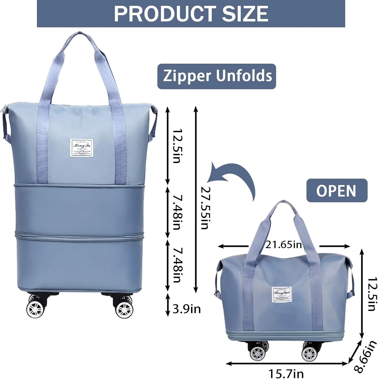 Rolling Duffle Bag with Detachable Wheels Expandable Foldable Duffle Bag for Travel Luggage bag Carry on Weekend Travel Bag (Blue)