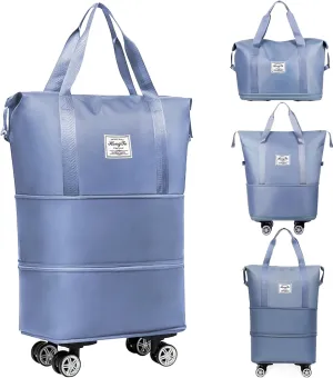 Rolling Duffle Bag with Detachable Wheels Expandable Foldable Duffle Bag for Travel Luggage bag Carry on Weekend Travel Bag (Blue)