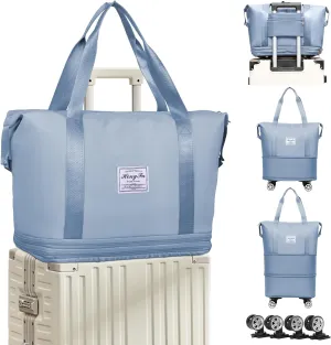 Rolling Duffle Bag with Wheels, 3-Layers Expandable Travel Bag, Foldable Carry-on Bag with Detachable Wheels, Travel Luggage Bag Tote Bags for Men and Women(Blue), LHDYMXYN_XH03