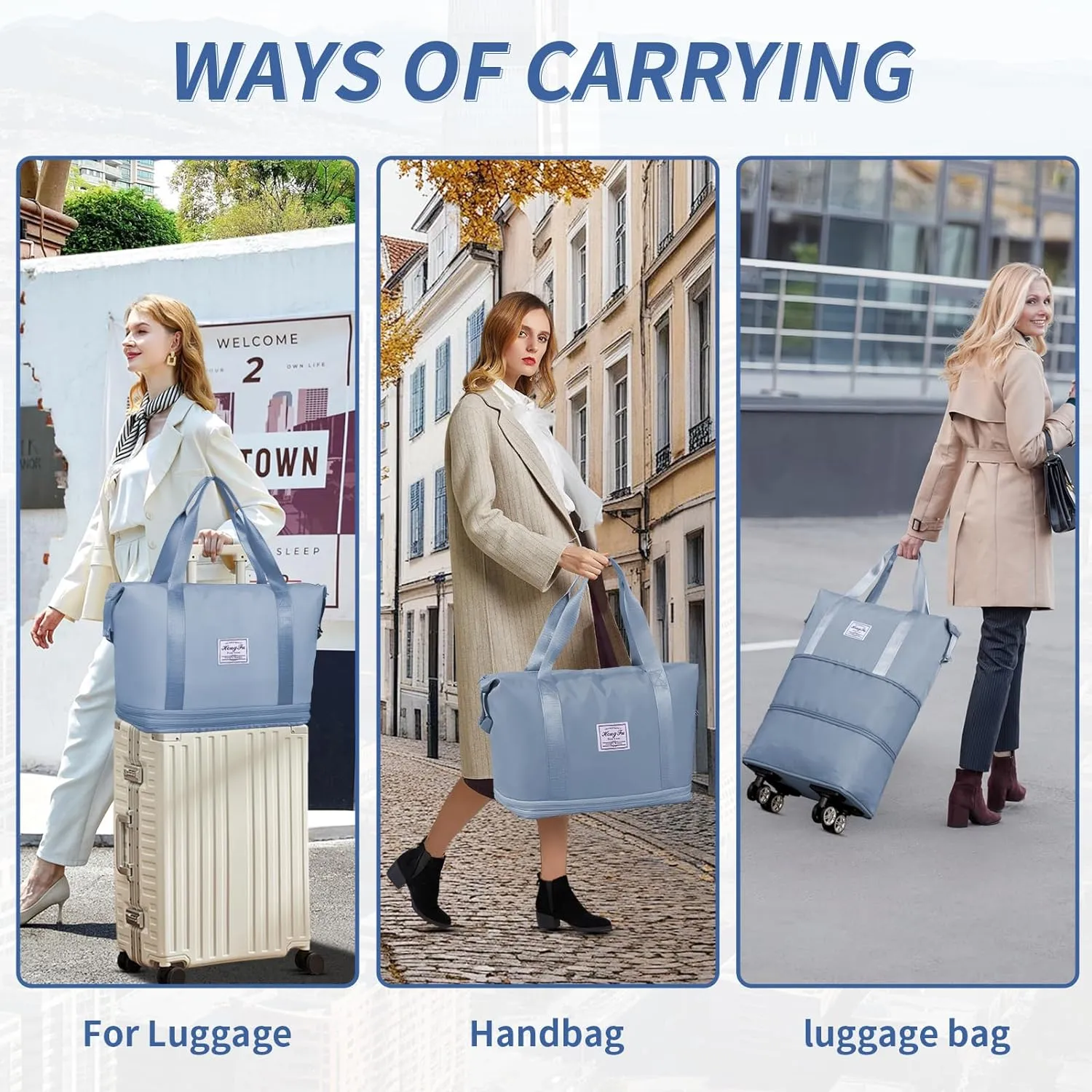 Rolling Duffle Bag with Wheels, 3-Layers Expandable Travel Bag, Foldable Carry-on Bag with Detachable Wheels, Travel Luggage Bag Tote Bags for Men and Women(Blue), LHDYMXYN_XH03