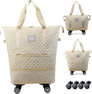 Rolling Duffle Bag with Wheels and Handle, Expandable Foldable Luggage Bag, Dry and Wet Separation Rolling Bag, Zipper Travel Carry on Bag for Gym,Camping,Travel Beige Sets