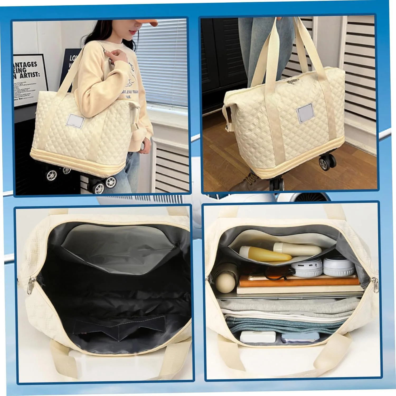Rolling Duffle Bag with Wheels and Handle, Expandable Foldable Luggage Bag, Dry and Wet Separation Rolling Bag, Zipper Travel Carry on Bag for Gym,Camping,Travel Beige Sets