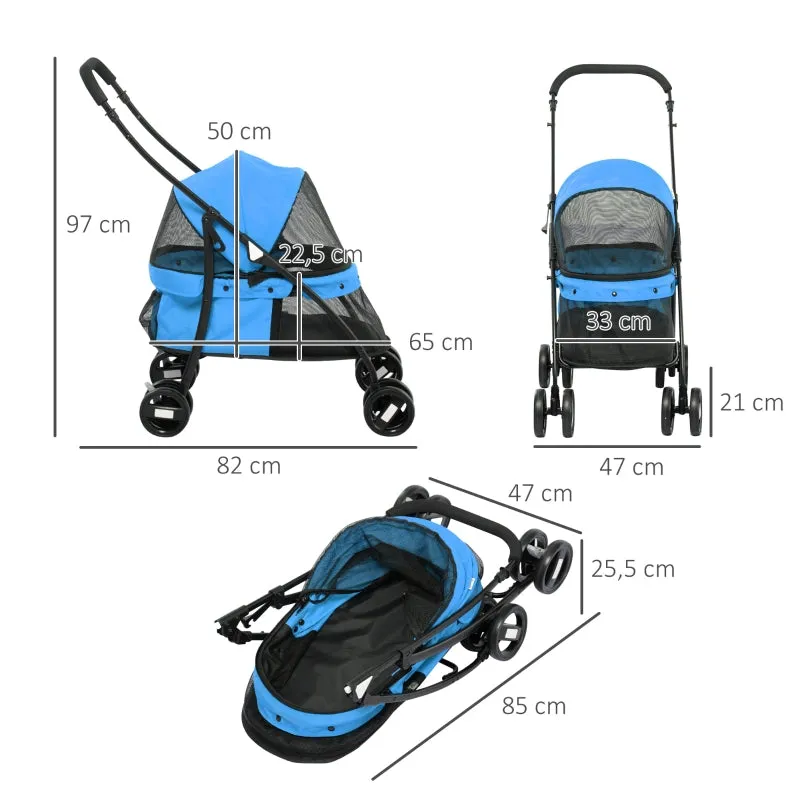 Rootz Dog Buggy - Pet Stroller - Canopy Cart - Foldable Design - Steel Construction - Blue/Black - 82cm x 47cm x 97cm