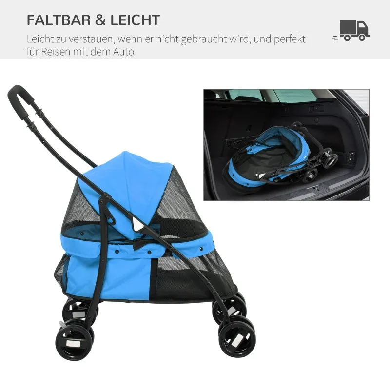 Rootz Dog Buggy - Pet Stroller - Canopy Cart - Foldable Design - Steel Construction - Blue/Black - 82cm x 47cm x 97cm