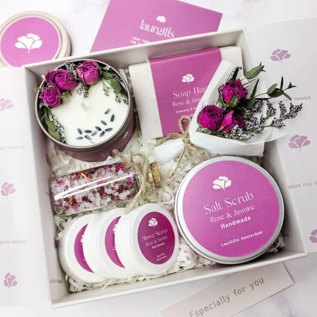 Rose & Jasmine Spa Gift Baskets for Women – Scented Self Care Shower Essential - Elegant Kit for Mom, Wife, Sister, Friend - Body Bath Set - Aromatic Box for Occasions - Home Spa-Inspired