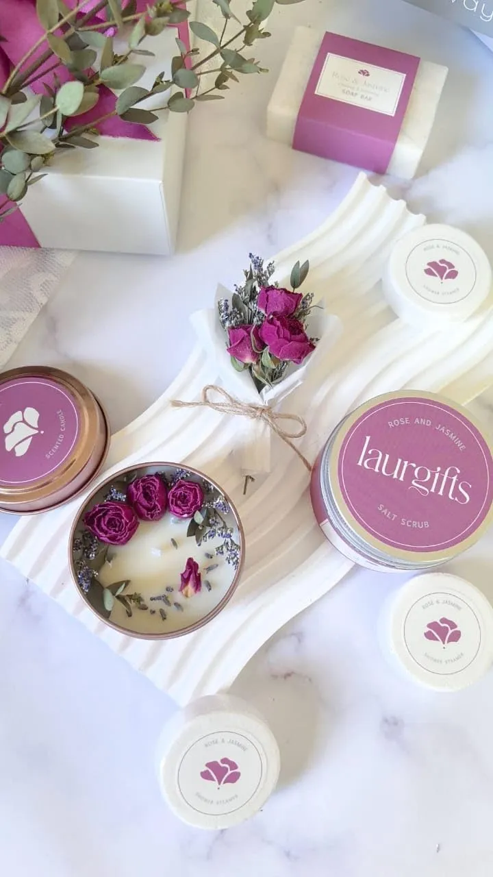 Rose & Jasmine Spa Gift Baskets for Women – Scented Self Care Shower Essential - Elegant Kit for Mom, Wife, Sister, Friend - Body Bath Set - Aromatic Box for Occasions - Home Spa-Inspired