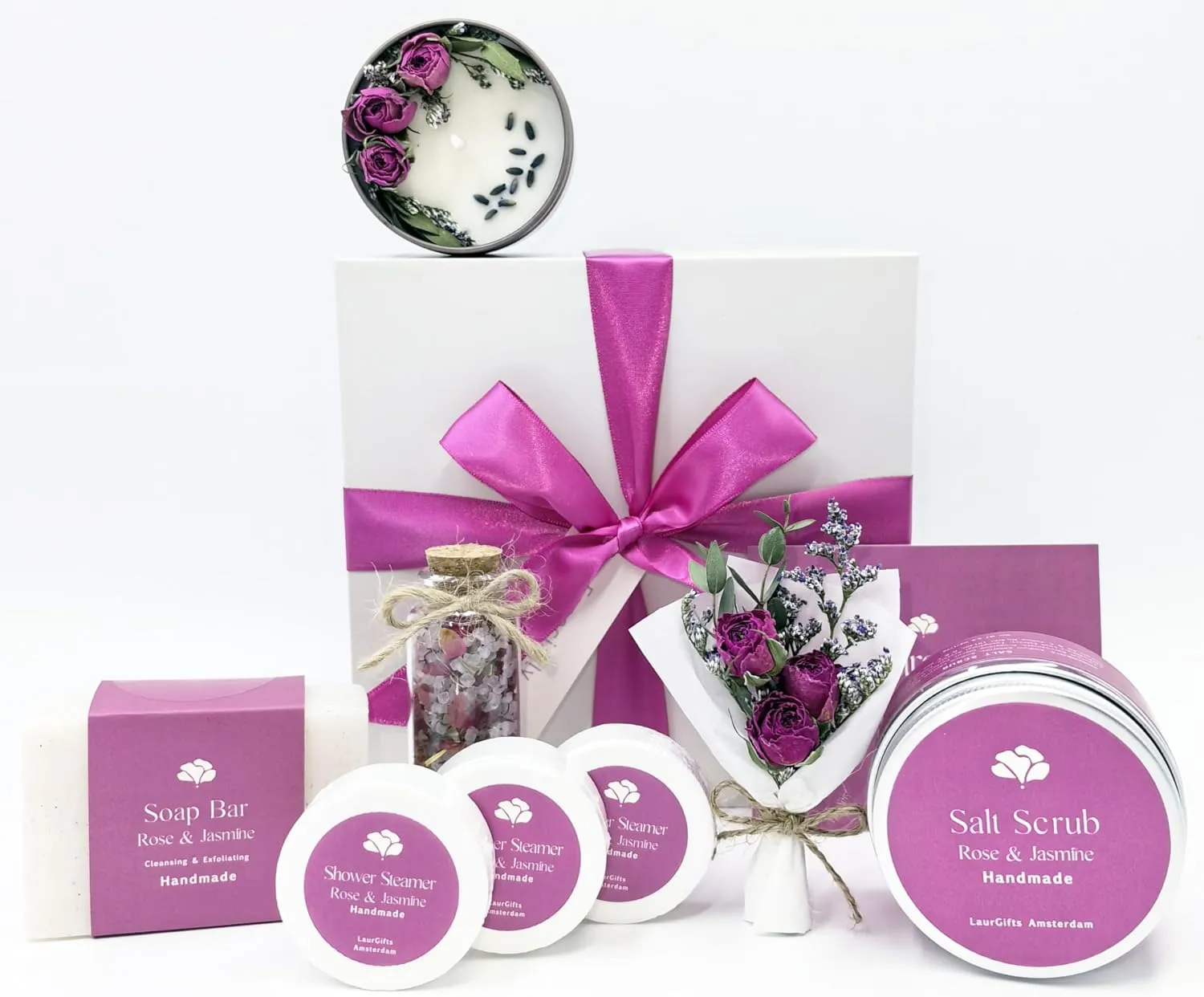 Rose & Jasmine Spa Gift Baskets for Women – Scented Self Care Shower Essential - Elegant Kit for Mom, Wife, Sister, Friend - Body Bath Set - Aromatic Box for Occasions - Home Spa-Inspired