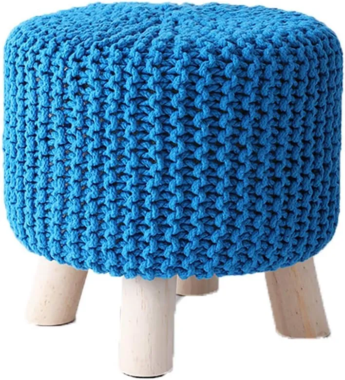 Round Foot Rest Stool,Small Foot Stool with Legs,Upholstered Footstool with Linen Detachable Cover - Handmade Woolen Knit Stool - Household Shoe Changing Stool (Sky Blue