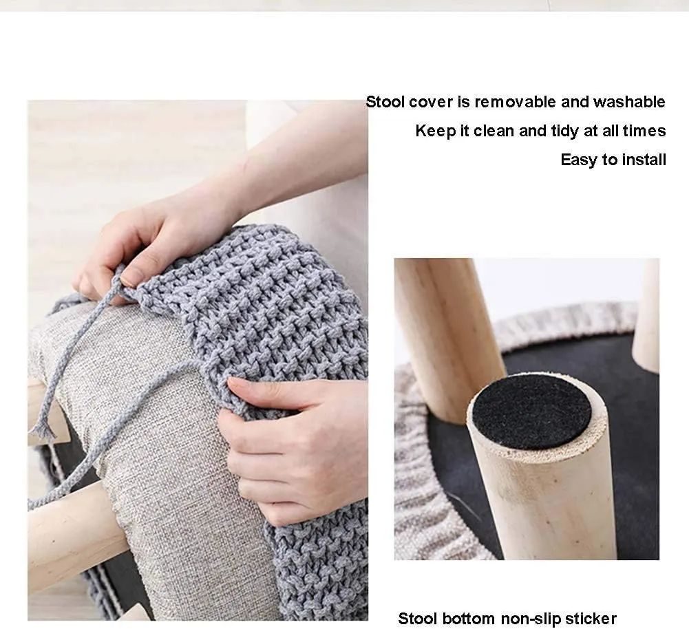 Round Foot Rest Stool,Small Foot Stool with Legs,Upholstered Footstool with Linen Detachable Cover - Handmade Woolen Knit Stool - Household Shoe Changing Stool (Sky Blue