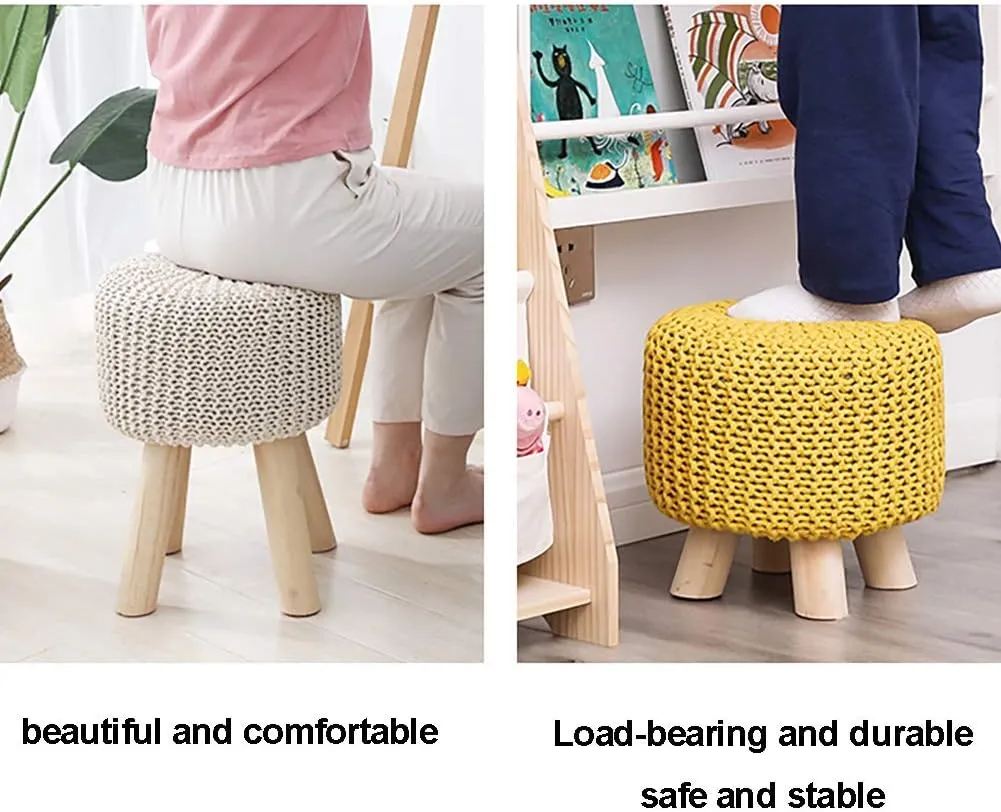 Round Foot Rest Stool,Small Foot Stool with Legs,Upholstered Footstool with Linen Detachable Cover - Handmade Woolen Knit Stool - Household Shoe Changing Stool (Sky Blue