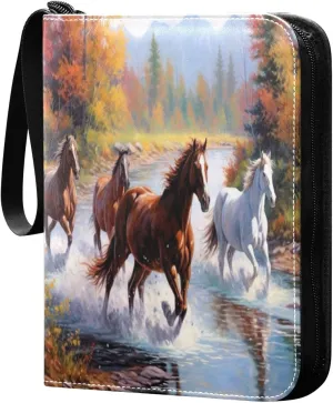 Running Horses Painting Card Binder 4-Pocket Leather Cover 400 Pockets Card Album Holder Removable Display Storage for Trading Cards, Game Cards, Collectibles