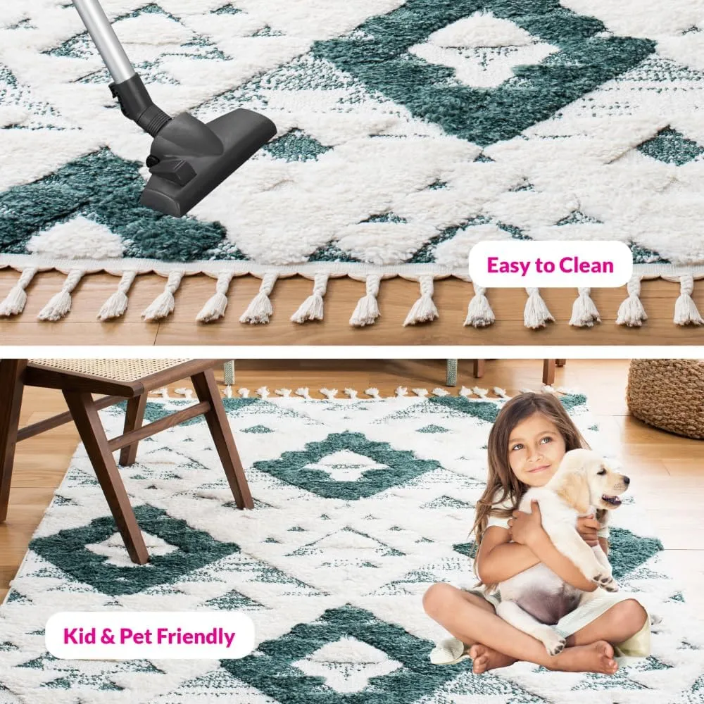 Safavieh Area Rug 8x10 - Moroccan Tassel Shag Collection - Large - Green & Ivory, Boho Design, Non-Shedding & Easy Cleaning, Plush Pile, Ideal for Living Room, Bedroom, Dining Space (MTS688Y)
