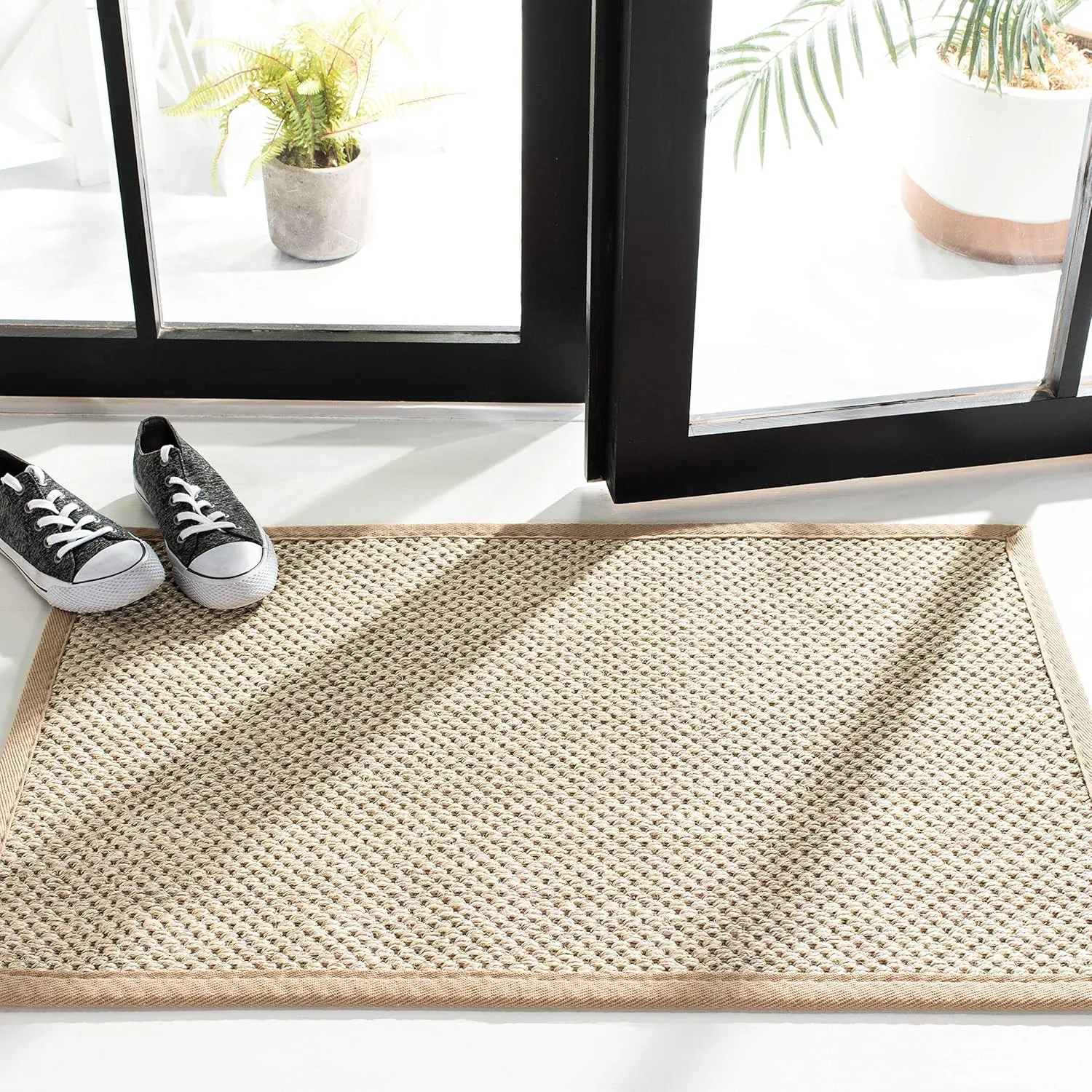 SAFAVIEH Natural Fiber Collection Area Rug - 9' x 12', Marble & Linen, Border Sisal Design, Easy Care, Ideal for High Traffic Areas in Living Room, Bedroom (NF143B)