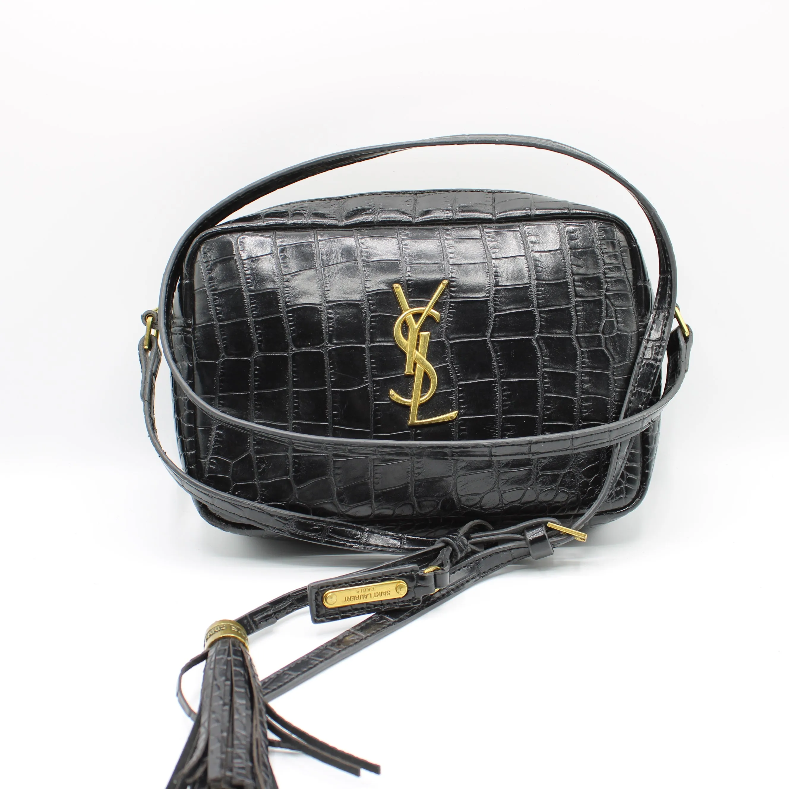 Saint Laurent Black Croc Embossed Matelassé Lou Camera Bag