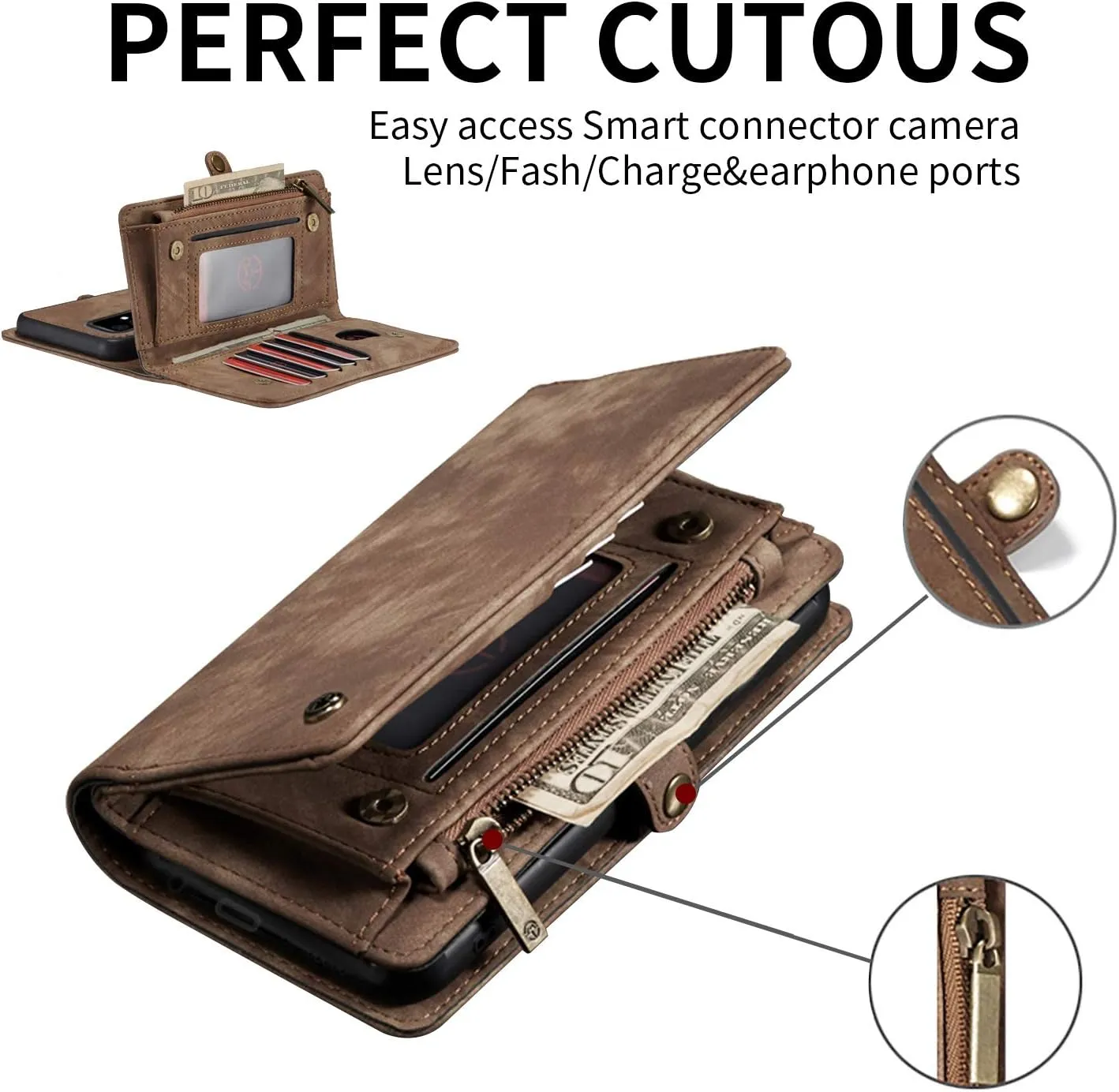 Samsung A51 4G Wallet Leather Case Detachable Magnetic Zipper Flip Case 11 Card Slots Holder Wrist Strap Handle Shockproof Cover Pocket Wallet Handbag for Samsung A51 4G A515F (Brown)