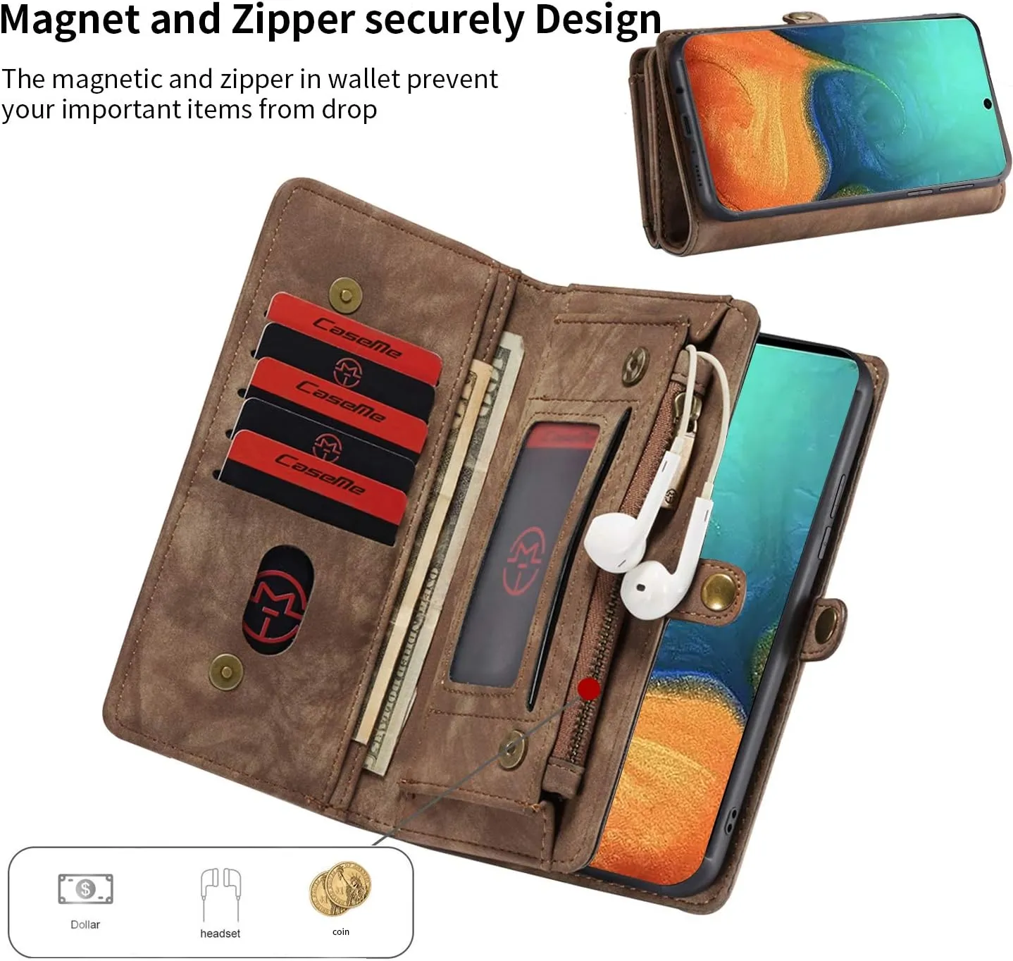 Samsung A51 4G Wallet Leather Case Detachable Magnetic Zipper Flip Case 11 Card Slots Holder Wrist Strap Handle Shockproof Cover Pocket Wallet Handbag for Samsung A51 4G A515F (Brown)